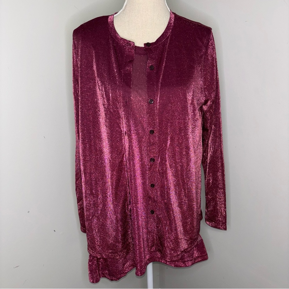 LOGO by Lori Goldstein shimmer plum purple tank & cardigan stretchy size Medium